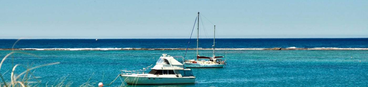 two boats in the ocean with their bows facing left, taken from a grassy beach